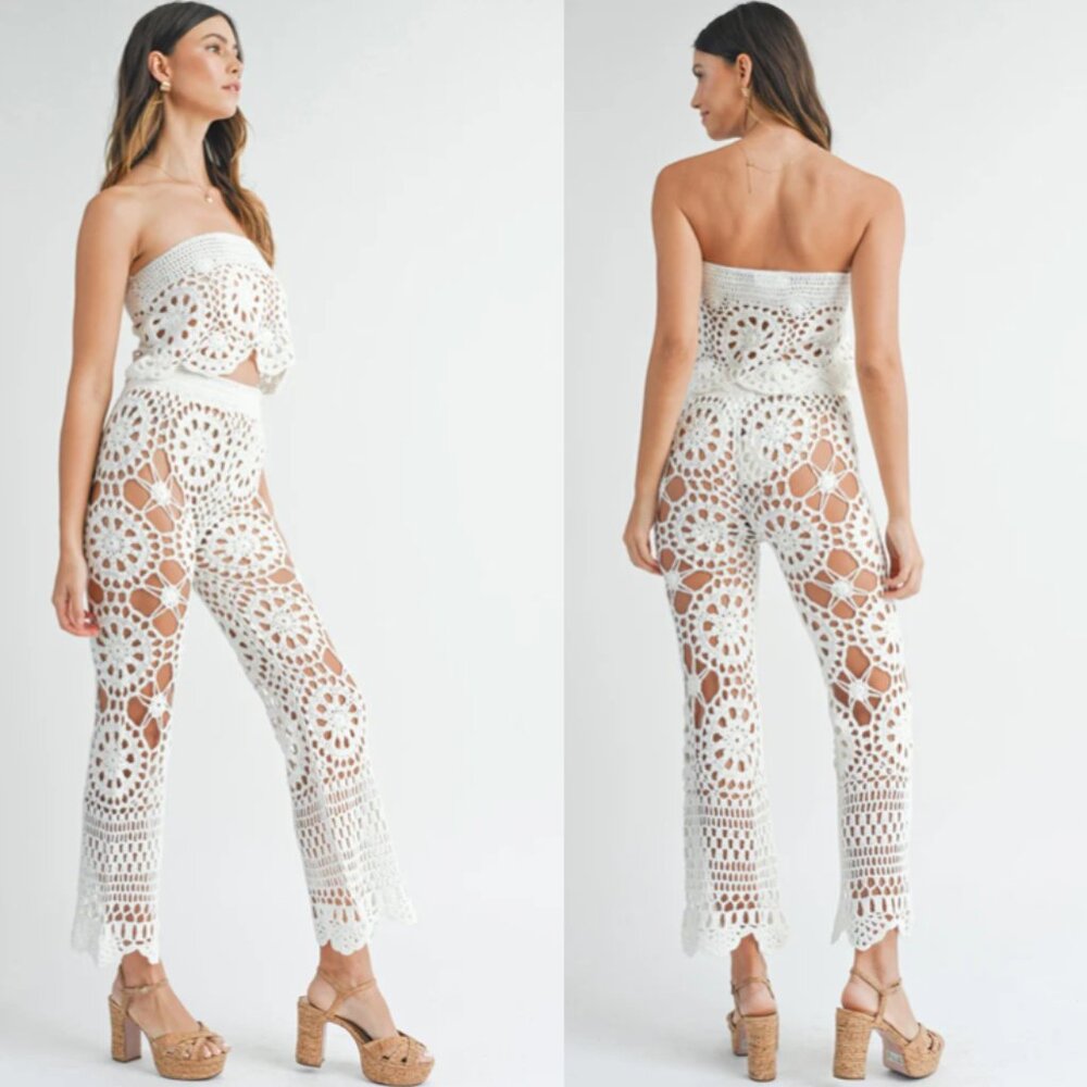 Crochet Knit 2-Piece Coverup Bandeau Top & Pant Set, White M NWT - Picture 5 of 10